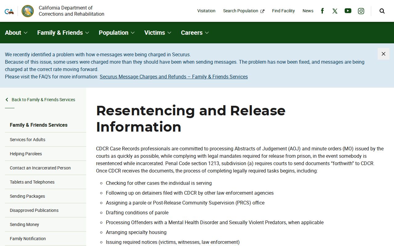 CDCR release processing information for Del Norte County projected release date changes