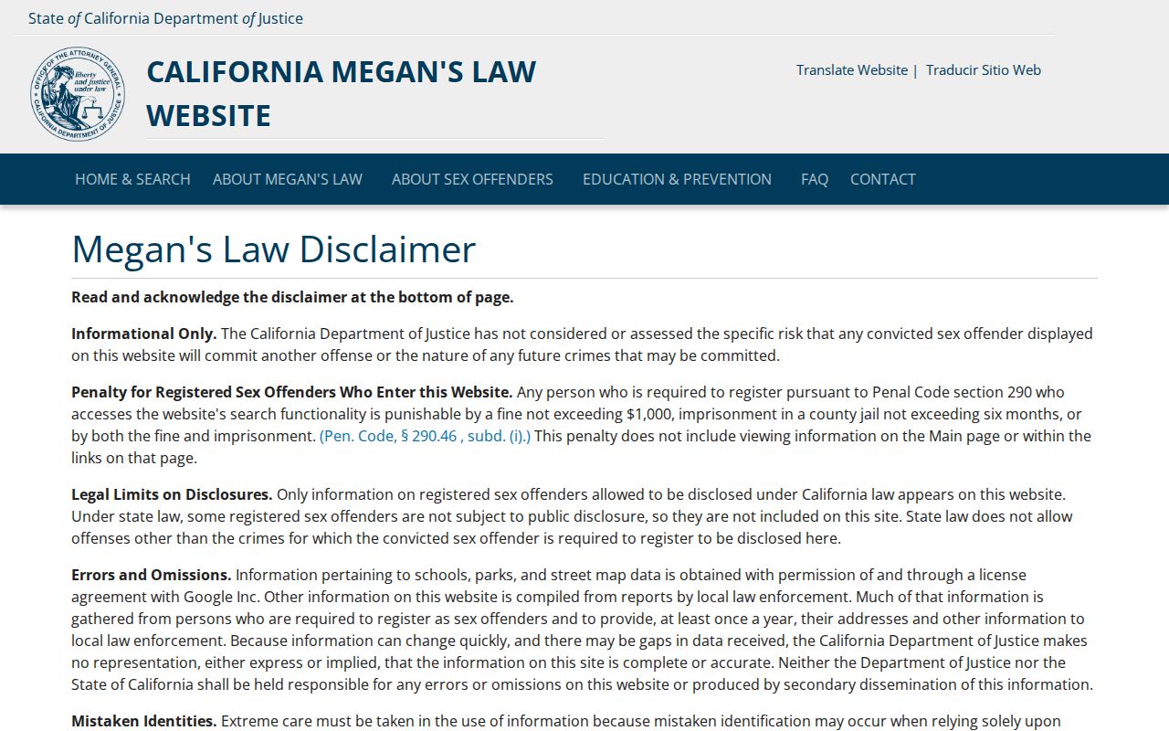 California Megan's Law website for Del Norte County post-release registry lookup