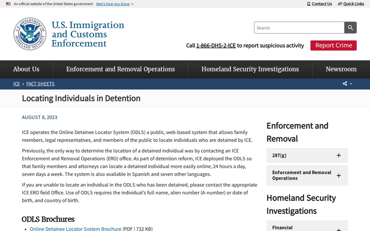 ICE ODLS required search information for Del Norte County detainee release checks