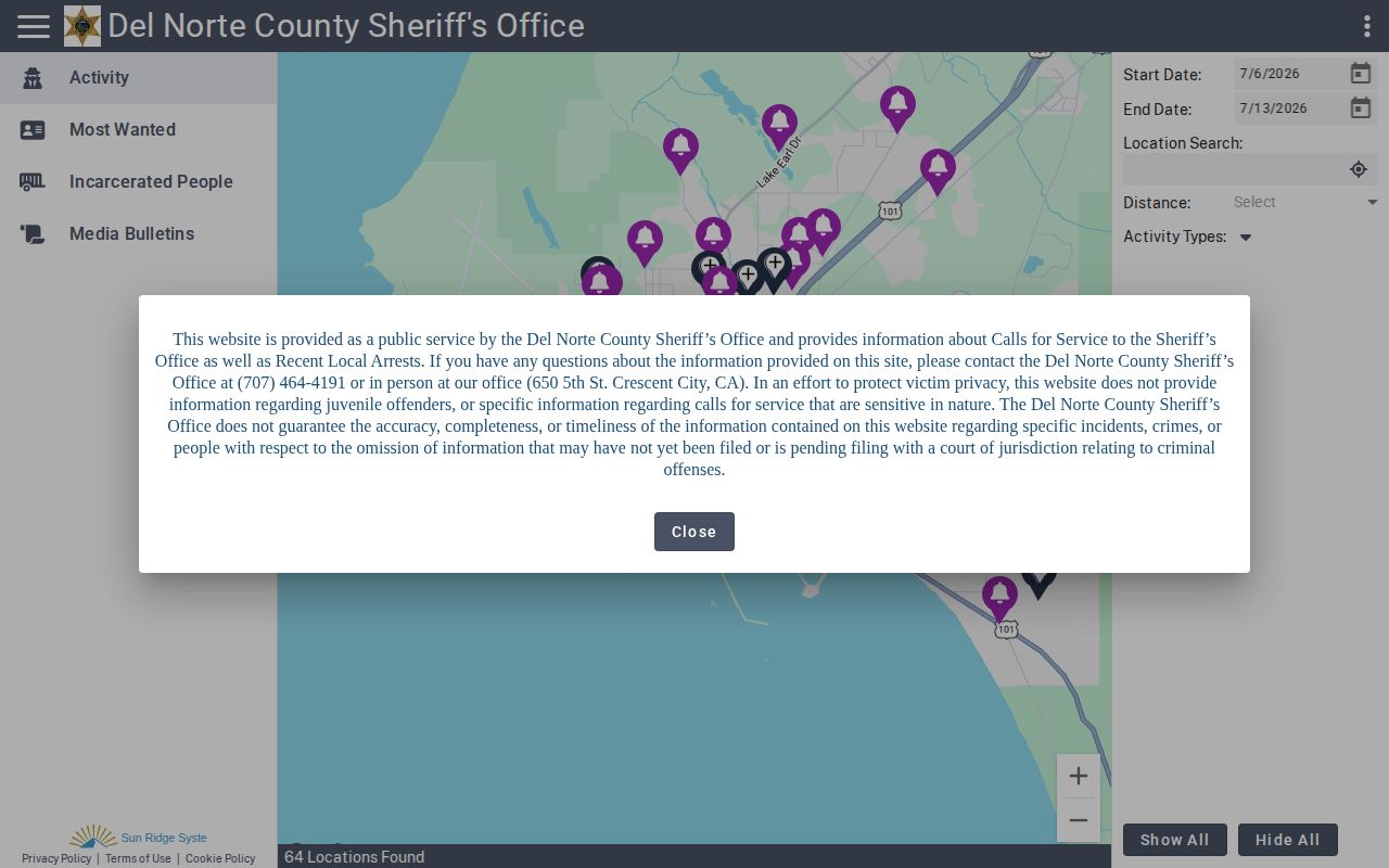 Del Norte CitizenRIMS public portal context for 72-hour release checks