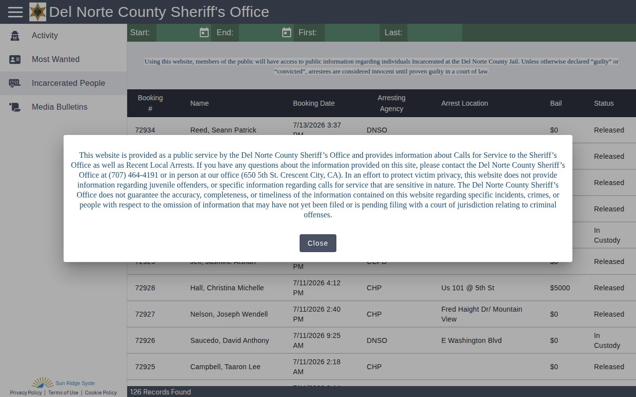 Del Norte County released inmate CitizenRIMS record portal