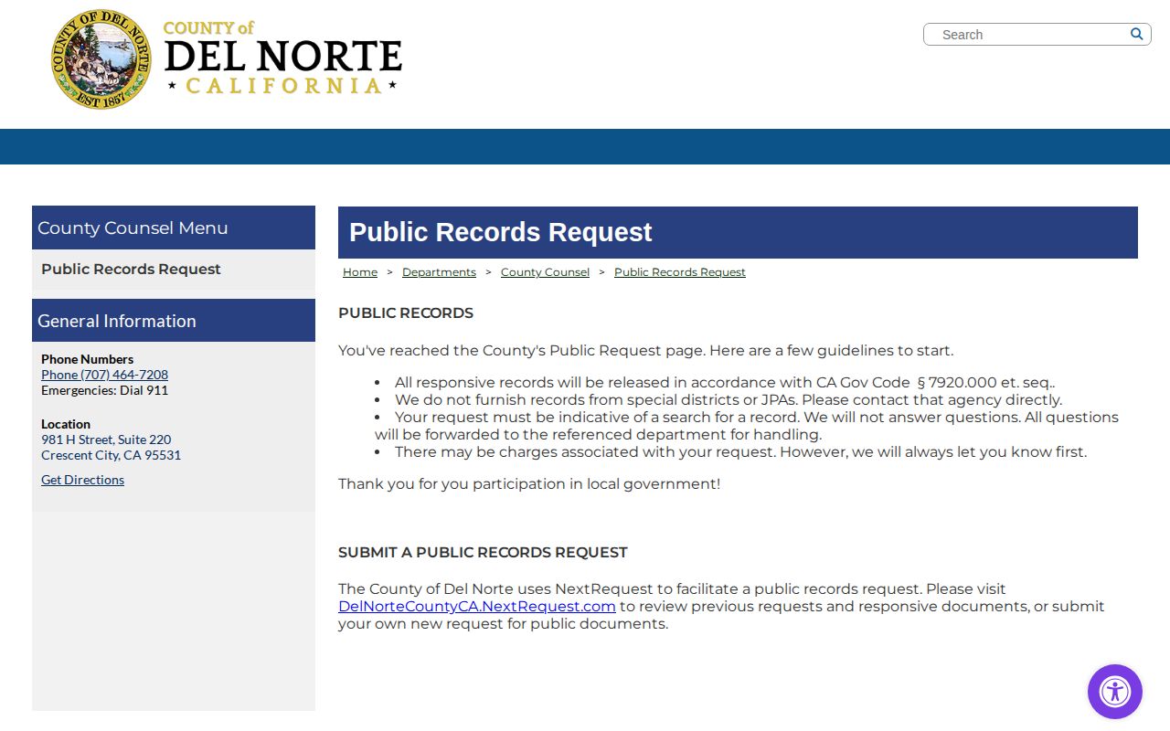 Del Norte County release records NextRequest public records page