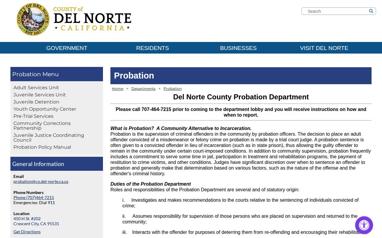 Del Norte County probation contact page for parole and probation release supervision